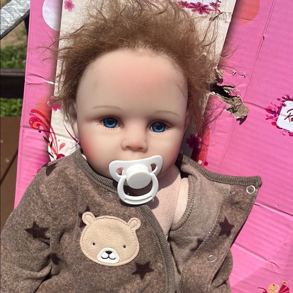 Reborn Brown Bear Outfit Baby Doll with Pink Box Accent